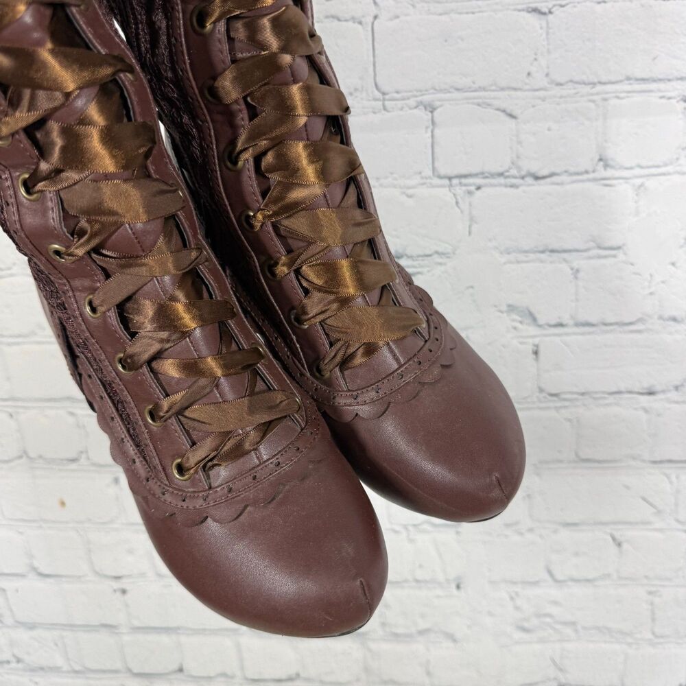 Ellie Victorian Steampunk Lace Up Knee High Boots Size 7 Brown Platform Goth - Picture 12 of 16